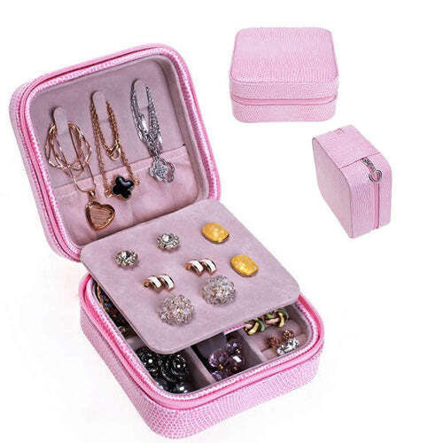 Cool Jewels palm-sized compact jewelry box in rose gold, open to display neatly organized rings, earrings, and necklaces in multiple compartments, travel-friendly and gift-ready.