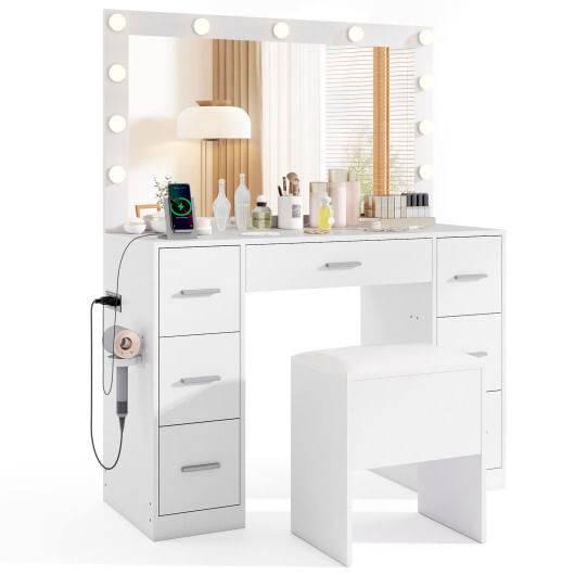 Modern white vanity desk with LED mirror and storage drawers in minimalist bedroom setup