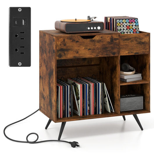 Rustic record player stand with built-in power outlet and USB ports, displaying a turntable on top and vinyl records stored neatly on lower shelves, styled in a modern living room setting