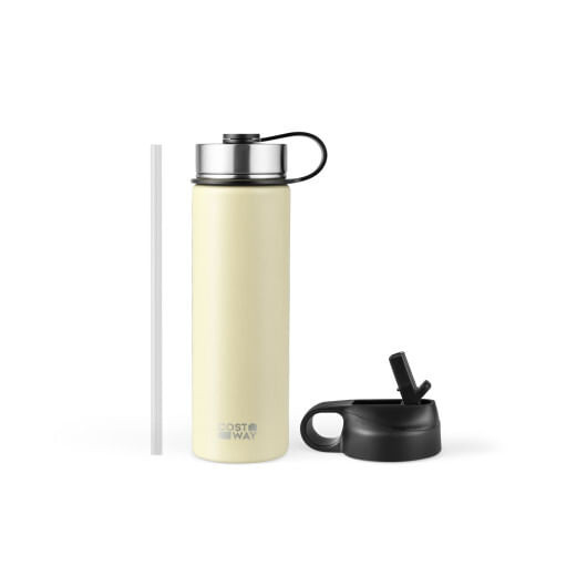 Two lid options shown side by side — flip-top and screw cap with straw for stainless steel water bottle
