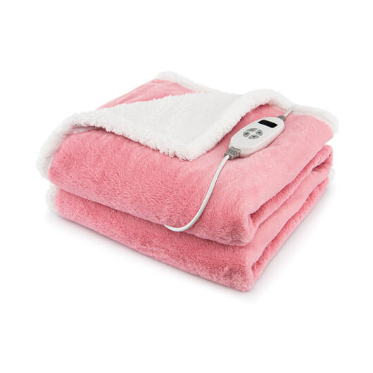 Electric Heated Throw Blanket in soft pink folded neatly on a white couch