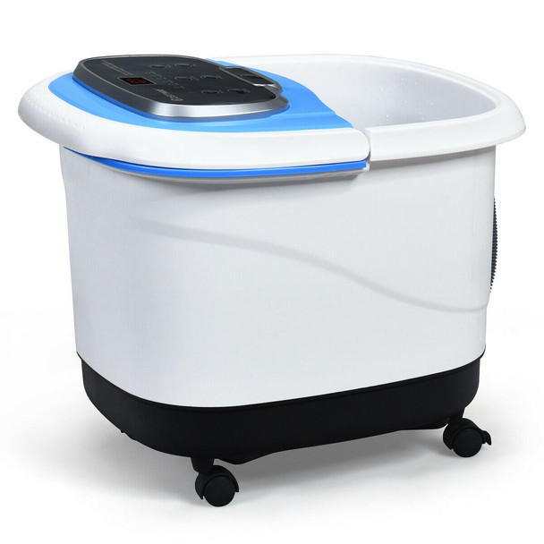 Side view of Heated Bubble Foot Spa with wheels and digital control panel – portable white and blue massager tub for home foot therapy."