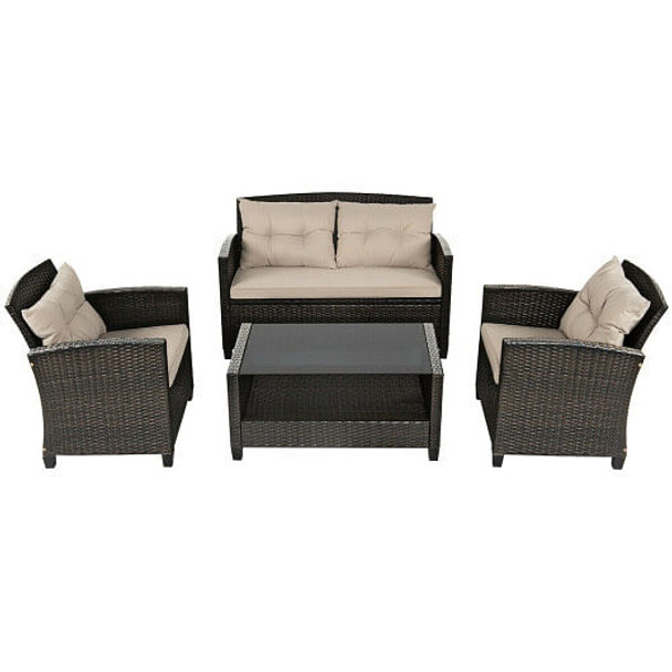 4 Pieces Outdoor Rattan Furniture Set with Glass Table - Color: Brown D681-HW68640B+