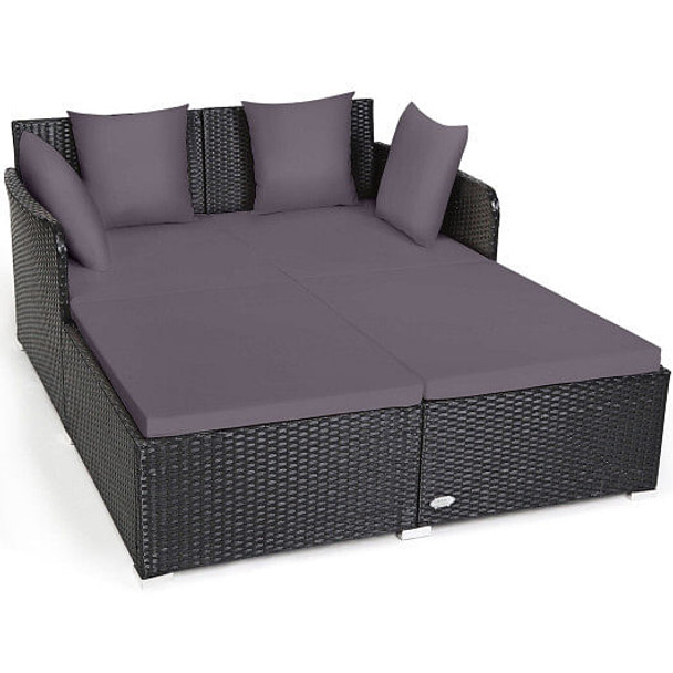Spacious Outdoor Rattan Daybed with Upholstered Cushions and Pillows-Gray - Color: Gray D681-HW67329GR