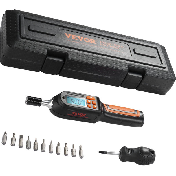 Electrician using a digital torque screwdriver with LCD display while tightening screws on an electrical panel — bits and case visible in the background, LCD screen lit up showing torque reading
