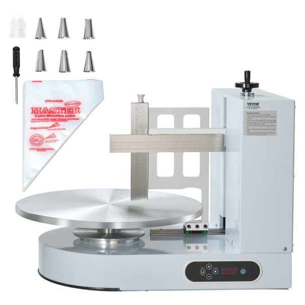 Professional cake decorating machine frosting a 12-inch cake with adjustable scraper arm on rotating turntable for smooth icing finish