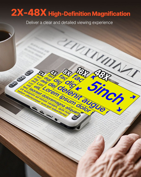 Portable Digital Magnifier with 5-inch HD screen displaying enlarged text on a book page