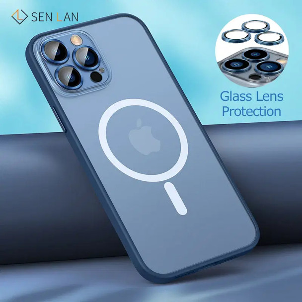 MagSafe iPhone 15 Pro Max case with matte silicone finish and precise camera lens glass protection
