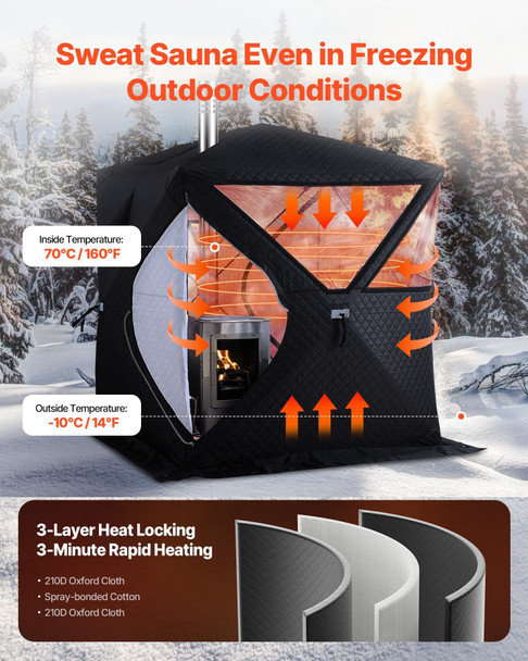 Outdoor Sauna Tent Pro fully assembled in backyard during winter with steam rising Outdoor Sauna Tent Pro fully assembled in backyard during winter with steam rising