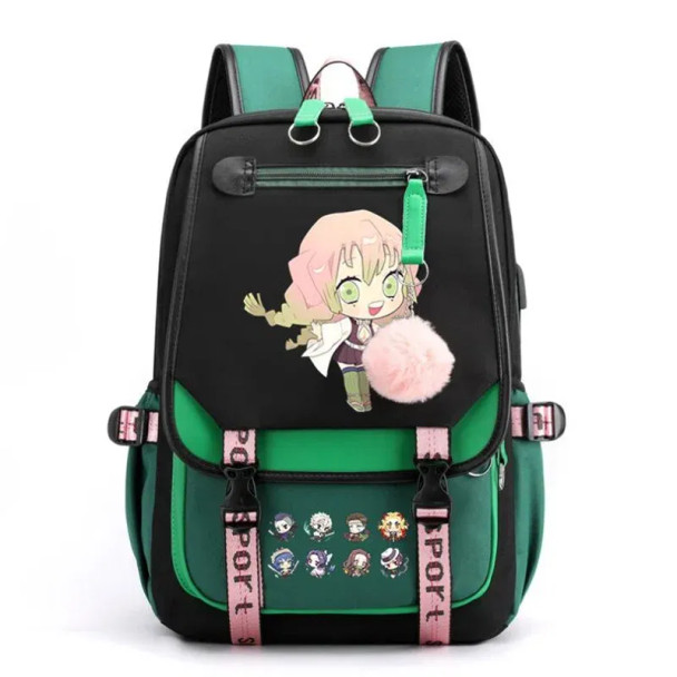 17-inch green Demon Slayer backpack featuring Muichirou Tokitou and Mitsuri Kanroji full-color anime design, front view with USB port visible, suitable for school and cosplay. 17-inch green Demon Slayer backpack featuring Muichirou Tokitou and Mitsuri Kanroji full-color anime design, front view with USB port visible, suitable for school and cosplay.
