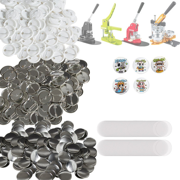 500-piece DIY button badge parts kit displayed on table, showing metal tops, pin backs, clear mylar covers, and blank paper inserts for 1.25 inch custom buttons