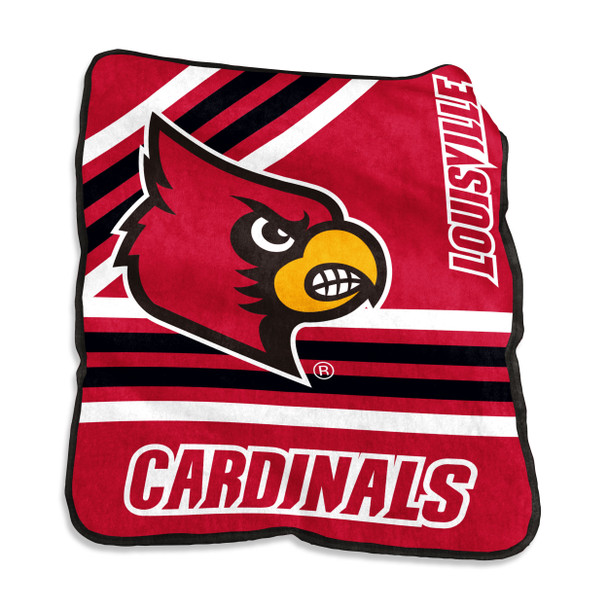 Louisville Cardinals 50×60 Raschel Throw Blanket draped over couch showing vivid red and black team logo with ultra-soft texture