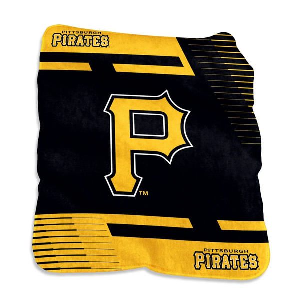 Official Pittsburgh Pirates 50x60 Raschel throw blanket in black and gold, showing vibrant team logo, soft polyester texture, folded on a couch for home décor and game-day comfort.