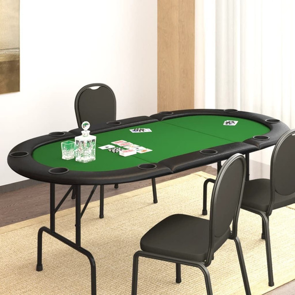 8-player green felt poker table with padded faux leather rail and built-in cup holders set up in a luxury man cave with ambient lighting