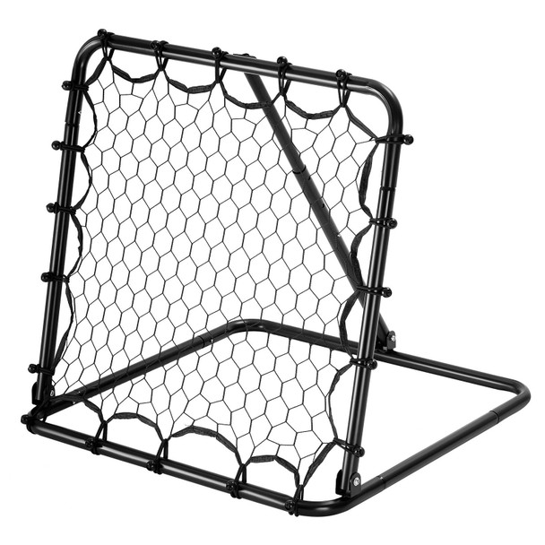 Portable soccer rebounder net fully assembled on grass with adjustable frame angles, rubber feet grips, and included accessories such as user manual and floor stabilizers shown nearby for quick setup.