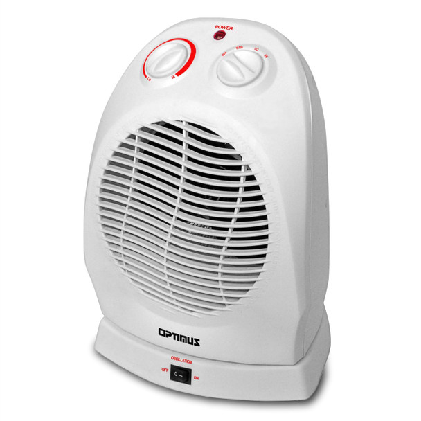 Optimus Portable Oscillating Fan Heater with Thermostat on a desk in a modern home office, showing oscillation in motion, adjustable thermostat, and compact design for energy-efficient, safe heating.