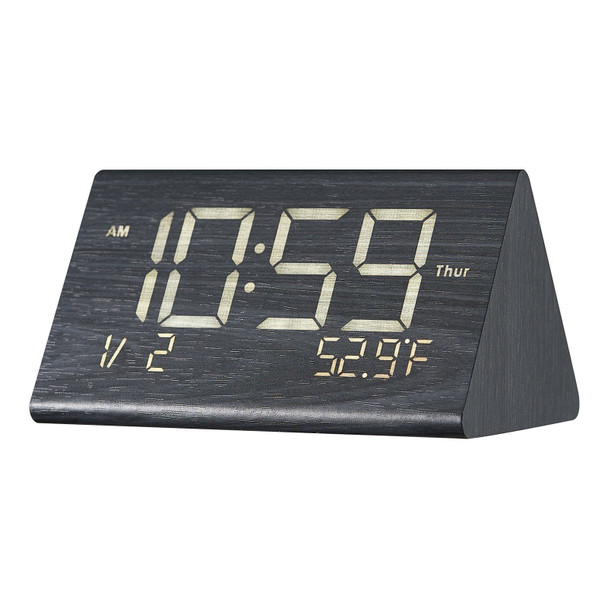 Close-up of a smart digital wooden alarm clock with dual alarms, USB charging port, and voice control feature, showing smooth black wood finish and illuminated LED numbers — Go Big Discounts functional and modern home accessory for bedroom or office.