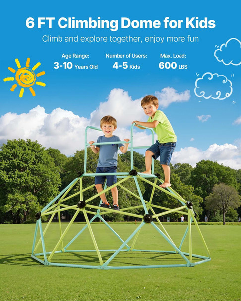 Children playing on 6FT geometric climbing dome jungle gym with 600LBS capacity in backyard setting