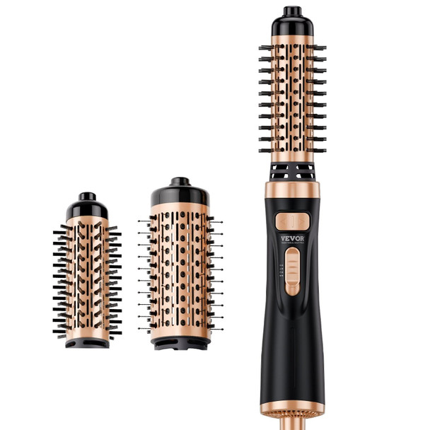 Dual-head rotating hot air brush with ceramic-coated 1.5″ and 2″ barrels, featuring a sleek ergonomic handle and 360-degree auto-rotation design for salon-quality blowouts and curls at home.