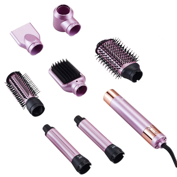6-in-1 hair styler and dryer brush set with auto-wrap curlers, three brush attachments, and two nozzle concentrators displayed on a marble countertop