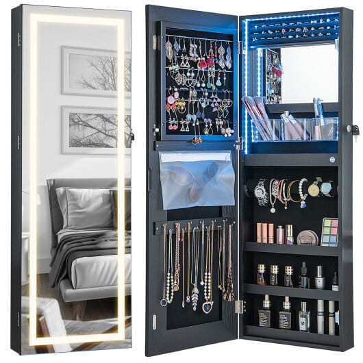 42.5 Inches Lockable Jewelry Mirror Wall Cabinet with 3-Color LED Lights-Black B593-JV11171US
