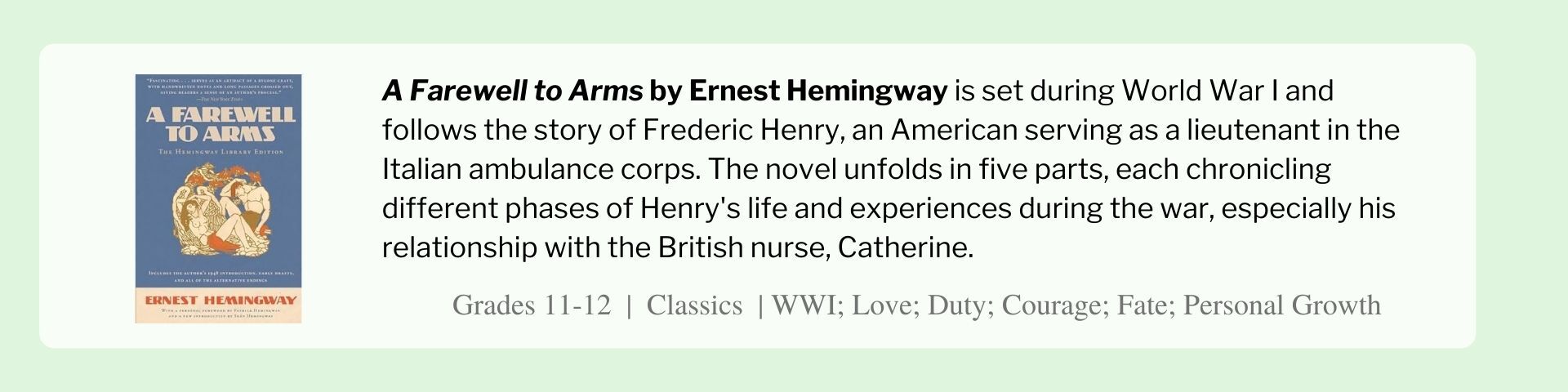 A Farewell to Arms by Ernest Hemingway is set during World War I and follows the story of Frederic Henry, an American serving as a lieutenant in the Italian ambulance corps. The novel unfolds in five parts, each chronicling different phases of Henry's life and experiences during the war, especially his relationship with the British nurse, Catherine.