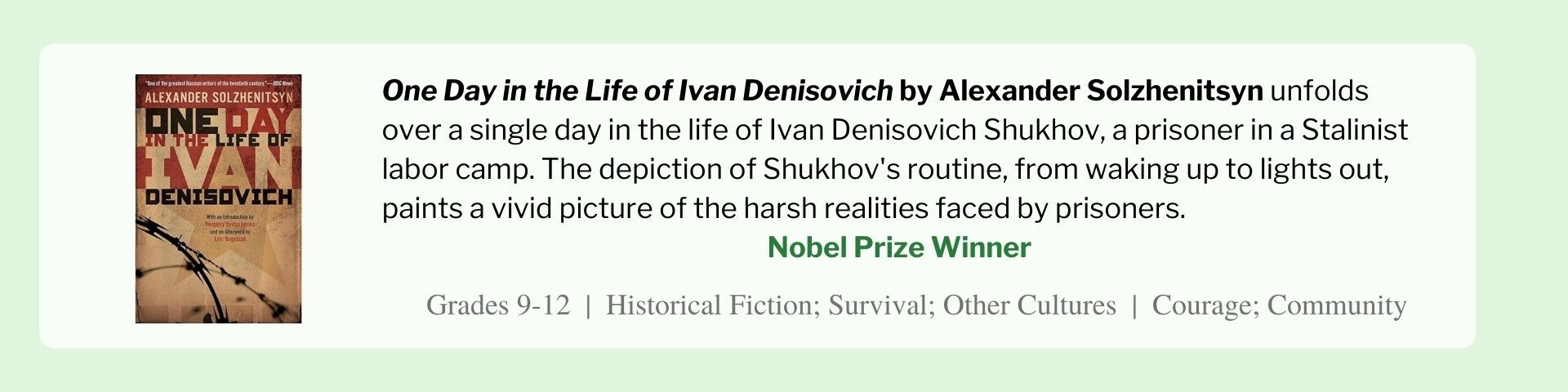 One Day in the Life of Ivan Denisovich by Alexander Solzhenitsyn unfolds over a single day in the life of Ivan Denisovich Shukhov, a prisoner in a Stalinist labor camp. The depiction of Shukhov's routine, from waking up to lights out, paints a vivid picture of the harsh realities faced by prisoners. 