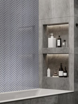 Mir Mosaic Sugar Cookie Glossy 1 x 3 herringbone HB-085 bathroom tub surround