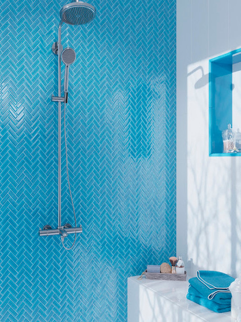 Mir Mosaic Turquoise Glossy 1 x 3 herringbone mosaic HB-042 shower wall
