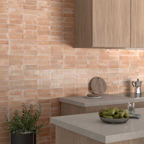Equipe Raku Nude 2.5" x 8" Ceramic subway tile with stripes kitchen backsplash install Equipe Raku Nude 2.5" x 8" Ceramic subway tile with stripes kitchen backsplash install