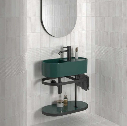 Equipe Raku White 2.5" x 8" Ceramic subway tile with stripes behind the vanity sink wall install Equipe Raku White 2.5" x 8" Ceramic subway tile with stripes behind the vanity sink wall install