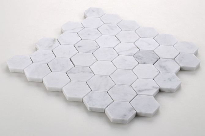 NB728 Carrara Honed 2 x 2 Hexagon Marble Mosaic at BELK Tile Angle View