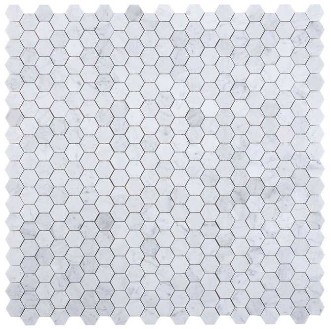 NB728 Carrara Honed 2 x 2 Hexagon Marble Mosaic at BELK Tile 9 sheets together