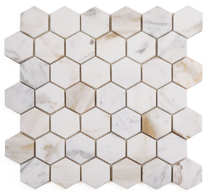 NBO1047 Calacatta Gold Polished 2 x 2 Hexagon Marble Mosaic