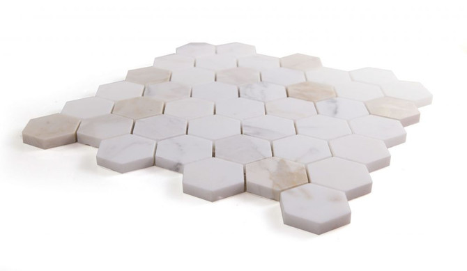 NB829 Calacatta Gold Honed 2 x 2 hexagon Marble Mosaic at BELK Tile Angle View