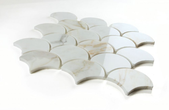 NB848 Fish Scale Calacatta Gold Polished Marble Mosaic Angle View