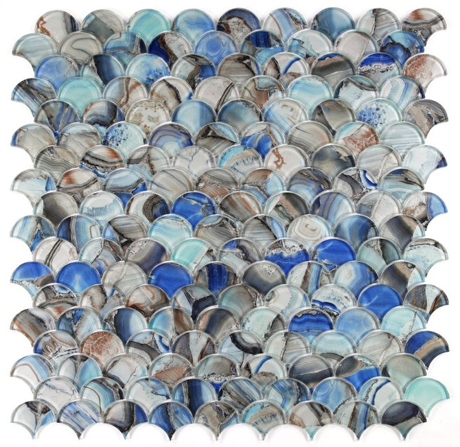 NB3632 Fish Scale Shell Blue Glass Mosaic Tile 9 sheets together