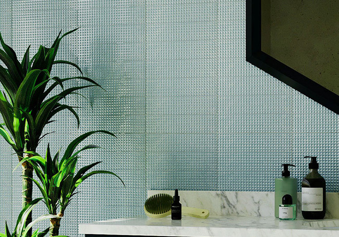 Wafer Series WFR-1284 Benne, gray tone vanity backsplash installation