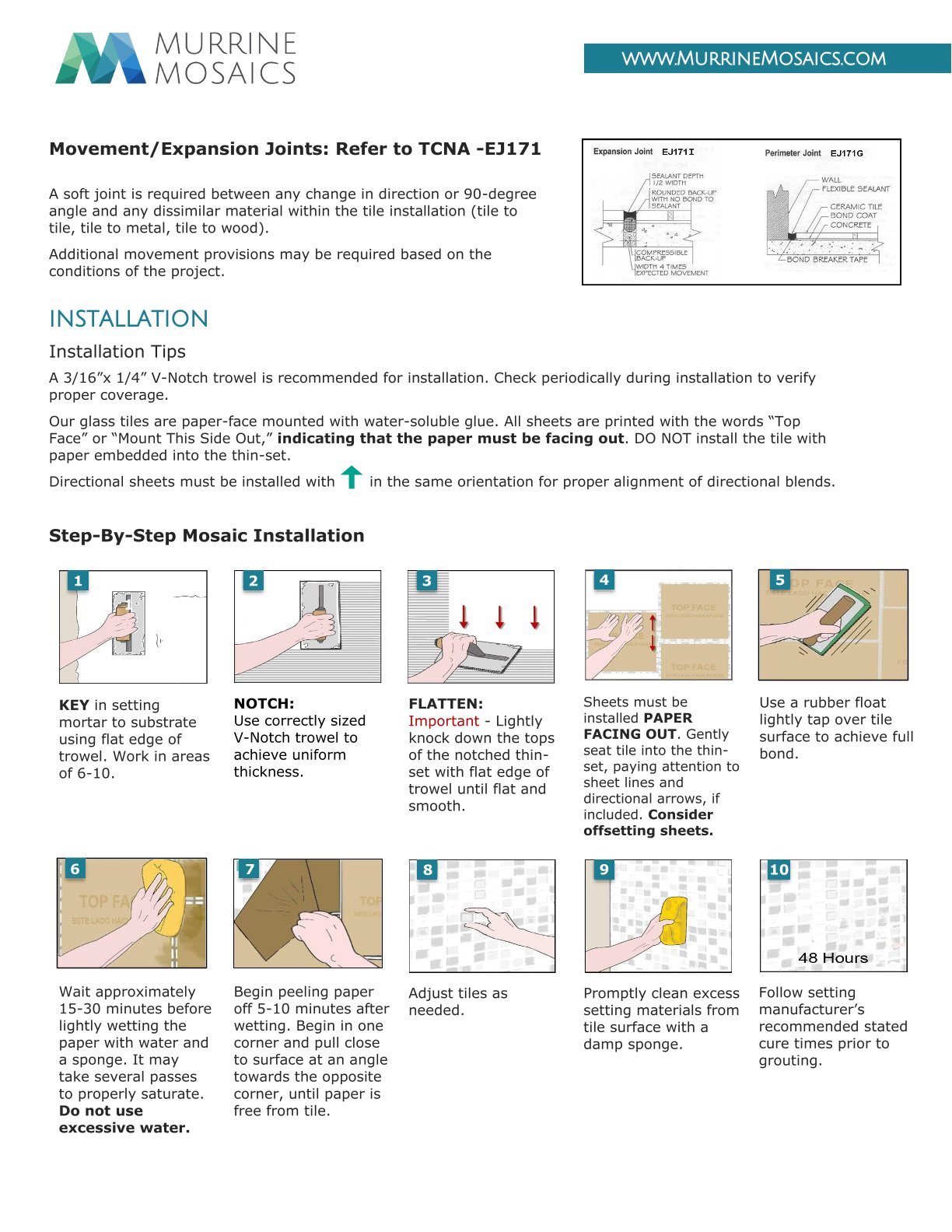 Murrine Mosaics Tides and Quartz Installation Guide Page 2