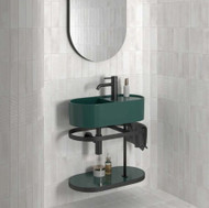 Equipe Raku White 2.5" x 8" Ceramic subway tile with stripes behind the vanity sink wall install