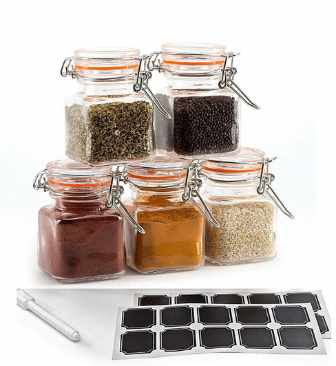 3.4 Ounce Mini Square Glass Spice Jar with Orange Flip-Top Gasket, Airtight Clear Storage Jars, with REUSABLE labels and Pen