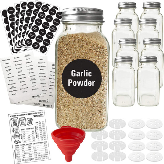 8oz, BEST VALUE 8 Glass Spice Jars includes pre-printed Spice Labels. 8 Square Empty Jars, Airtight Cap, Chalkboard & Clear Label, kitchen Funnel Pour/Sift Shakers