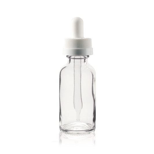 1 oz CLEAR Boston Round Glass Bottle w/ White Child Resistant Dropper