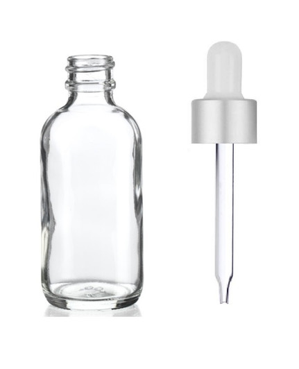 2 Oz Clear Glass Bottle w/ Matte silver and White Regular Dropper