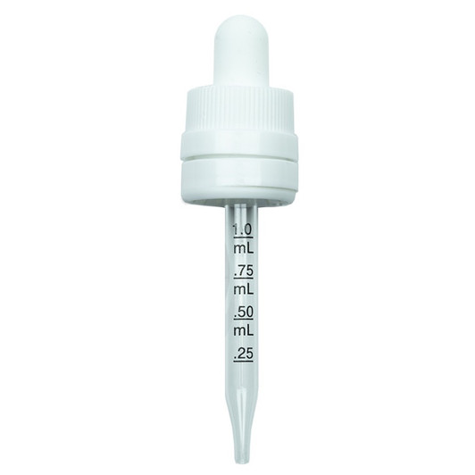 White PP 18-DIN ribbed skirt child-resistant tamper-evident dropper with Calibrated Glass pipatte