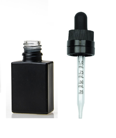 1 oz Matt Black SQUARE Glass Bottle w/ 18-415 Temper Evident CRC Calibrated Dropper