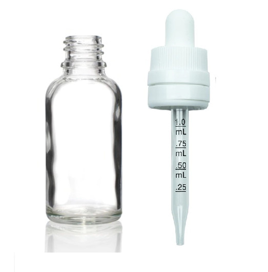 1 oz Clear Euro Glass Bottle w/ 18-415 White Temper Evident CRC Calibrated Dropper