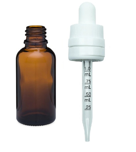1 oz Amber Euro Glass Bottle w/ 18-415 White Tamper Evident CRC Calibrated Dropper- Case of 110