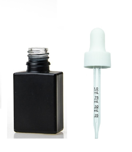 1 oz Black SQUARE Glass Bottle w/ 18-415 White Regular Calibrated Dropper- Case of 110