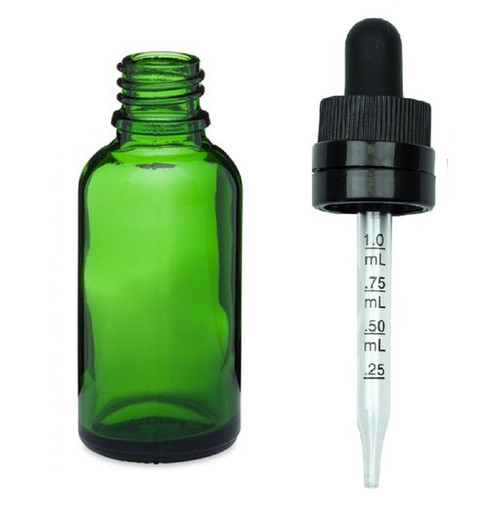 ($1.15 each) 1 oz Green Glass Euro Dropper Bottles w/ 18-415 Black Temper Evident CRC Calibrated Dropper